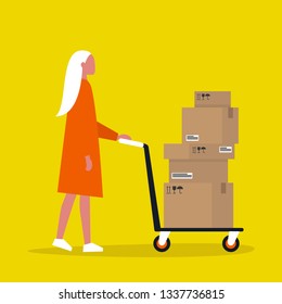 Young female courier rolling a pushcart. Cargo. Delivery service. Flat editable vector illustration, clip art