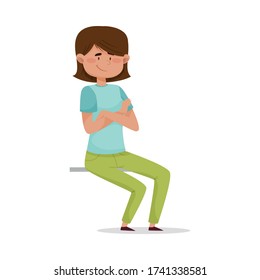 Young Female with Crossed Arms Sitting Alone Outdoor and Smiling Vector Illustration