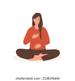 Young Female With Crossed Legs And Closed Eyes Doing Abdominal Exercise. Woman Sitting Cross-legged And Practice Deep Belly Breathing. Meditation, Diaphragm Breathing, Pranayama Yoga. Vector.