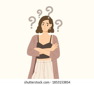 Young female crossing her arms and making doubt face with question mark over her head. Concept of curious thought, forgetfulness, wondering, clueless. figure out. Flat vector illustration.