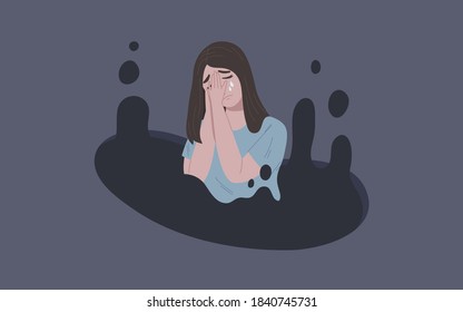 Young female crying in dark hole of sorrow emotion. Concept of depressed mental health, sadness, loneliness, desperation and apathy. Life crisis. Flat vector illustration.