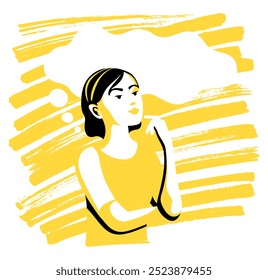 Jovem fêmea com rosto curioso com bolha de pensamento. Conceito de pensamento, decisão, solução de problemas, gesto considerado. Personagem de desenho animado em plano de fundo de traços