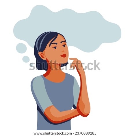 Young female with curious face with thought bubble. Concept of thinking, decision, problem solving, considered gesture. Cartoon person character