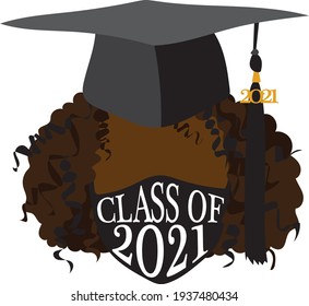 Young Female With Curly Hair Wearing Black Graduation Cap And Covid 19 Face Mask Graduating From High School Or College Year 2021