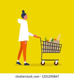 Young female Customer. Grocery store. A client buying groceries at the supermarket. Daily life. Flat editable vector illustration, clip art