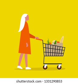 Young female Customer. Grocery store. A client buying groceries at the supermarket. Daily life. Flat editable vector illustration, clip art