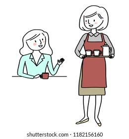 Young female customer talking to cheerful waitress who holding a tray full of coffee cups and coffee pot. Cute waitress serving drink to businesswoman. Female server with apron carrying drinks tray. 