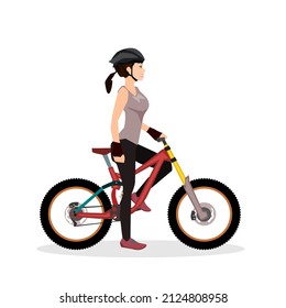 A young female cyclist straddles a downhill bike.Stand with your right foot and your left foot on the pedals.Isolated vector illustration on a white background.