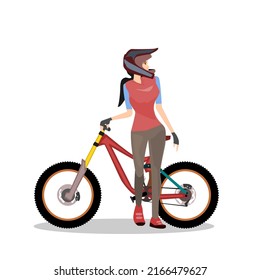 A young female cyclist straddles a downhill bike.Stand with your right foot and your left foot on the pedals.Isolated vector illustration on a white background.