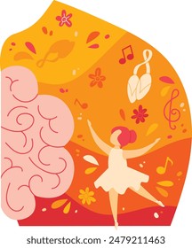 Young female dancer performing ballet, vibrant orange background musical notes flowers. Girl ballet dancer light beige dress, pink hair, dancing, joyous pose, artistic expression. Flat design