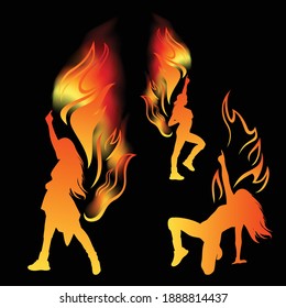 young female dancers performing contemporary hip hop dance among fiery flames - night club life vector design set