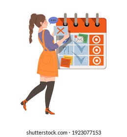 Young Female Dealing with Time and Task Table as Effective Time Management Vector Illustration