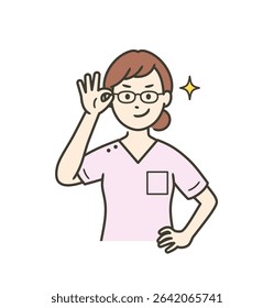 A young female dentist pushing up her glasses and smiling confidently