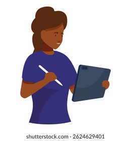 Young female designer is using a digital pen and tablet, creating illustrations or graphic designs