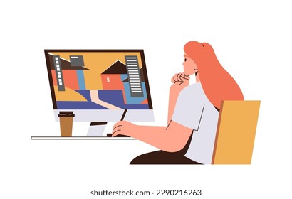 Young female designer working on computer sitting at desk table workplace and thinking of task