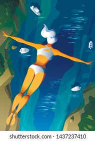 Young female diving from the cliff