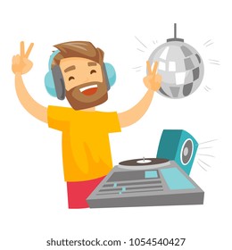 Young female DJ mixing music on turntables. DJ playing and mixing music on deck. Caucasian DJ in headphones at the party in night club. Vector cartoon illustration. Square layout.