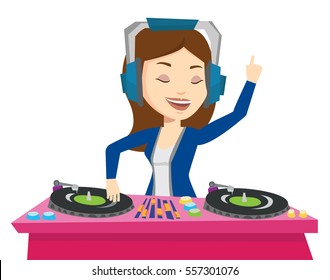 Young Female DJ Mixing Music On Turntables. DJ Playing And Mixing Music On Deck. Caucasian DJ In Headphones At The Party In Night Club. Vector Flat Design Illustration Isolated On White Background.