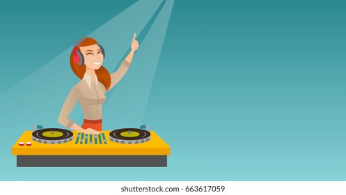 Young female DJ mixing music on the turntables. DJ playing and mixing music on the deck. Caucasian DJ in headphones mixing music at a party. Vector flat design illustration. Horizontal layout.
