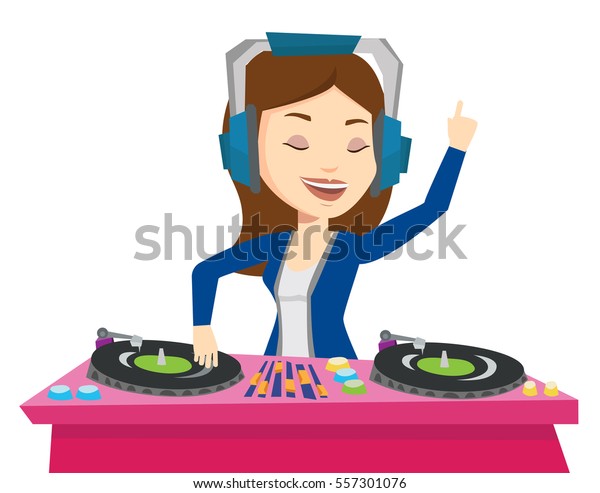 ターンテーブルで音楽をミックスする若い女性dj デッキで音楽を演奏したりミキシングしたりするdj ナイトクラブのパーティーで ヘッドフォンで白人のdj をする 白い背景にベクターフラットデザインイラスト のベクター画像素材 ロイヤリティフリー