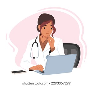 Young Female Doctor Character Sitting At Desk, Typing On Laptop, Focused On Providing High-quality Patient Care And Staying Up-to-date With Medical Advancements. Cartoon People Vector Illustration