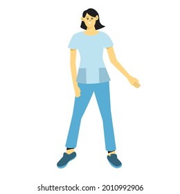 Young female doctor doing happy pose with swinging hands. Flat vector design character illustration on white background.