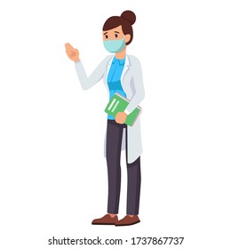 Young female doctor in a face mask and a lab coat is holding a book, COVID 19