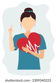 Young female doctor holding a heart and showing a gesture of attention. General practitioner, nurse.