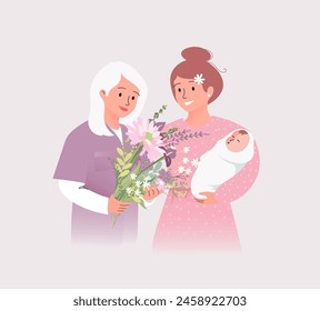 Young female doctor, midwife, doula with a big bouquet of flowers and happy mother hold newborn baby  in maternity hospital. Vector illustration