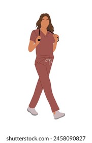 Young female doctor, nurse, paramedic walking. Pretty woman medic worker in uniform scrub with stethoscope. Cartoon vector realistic illustration isolated on white background. Hand made, not AI.