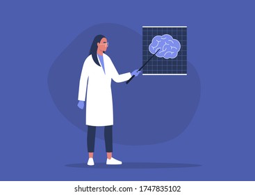 A young female doctor pointing at the x-ray image of human brain, cognitive science