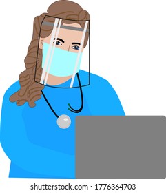 A young female doctor sits at a computer and receives patients in virus protection equipment in a medical mask and a protective transparent helmet.