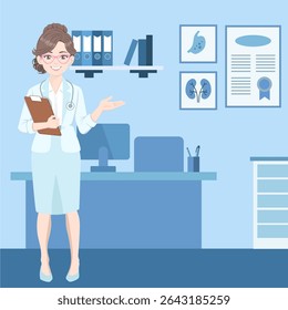 Uma jovem médica em seu consultório. Cuidados médicos e saúde. Médica em pé perto da escrivaninha com notas nas mãos. Profissional em sua área