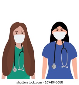 Young female doctor with stethoscope in a hospital. Cartoon flat, vector illustration