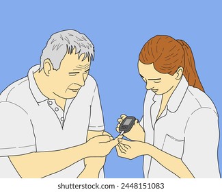 Young Female Doctor Using Glucometer On Senior Male Patient's Finger