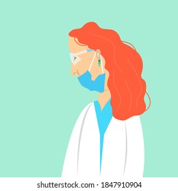 Young female doctor wearing the mask and eyeglasses. Vector flat illustration.
