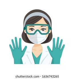 Young Female Doctor Wearing The N95 Respiratory Protection Mask, Glasses And Gloves, Against Infectives Diseases. Vector Illustration