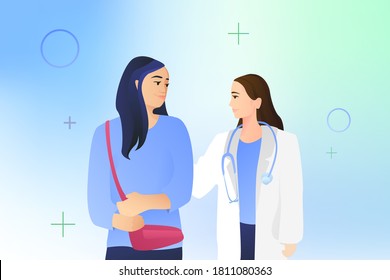 A young female doctor in a white coat with a stethoscope walks next to a hospital patient. The doctor discharges the girl from the hospital. Medical personnel concept.