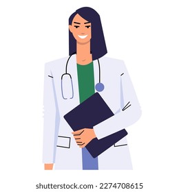 Young female doctor in a white coat. A woman holds a clipboard, or a folder, a tablet. A medical worker with a stethoscope is smiling. Flat vector isolated on white.