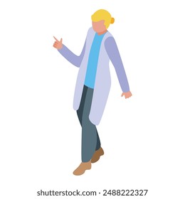Young female doctor in a white coat is explaining something while walking and pointing with a finger