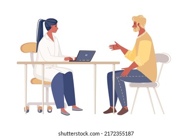 Junge Ärztin in weißem Lab-Mantel mit Laptop auf dem Tisch berät männliche Patienten, stellt Diagnose, verschreibt Behandlung. Vektorgrafik-Charaktere flache Cartoon-Illustration.