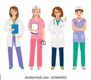 Young female doctor and woman nurse characters vector illustration. Smiling hospital workers, standing women portrait isolated on white