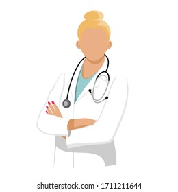 Young female doctor. Woman wearing a lab coat stands with crossed arms. Flat vector illustration.