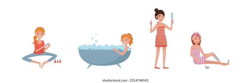 Junge weibliche Manikure, Baden in der Badewanne, Haarentfernung und AufMake-up-Vektorgrafik-Set
