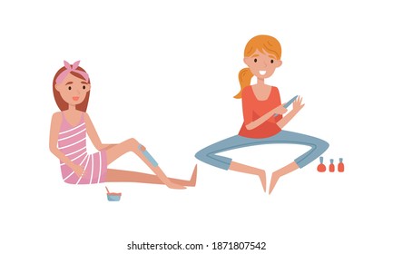 Young Female Doing Sugar Waxing or Epilation and Nail Polishing Vector Illustration Set
