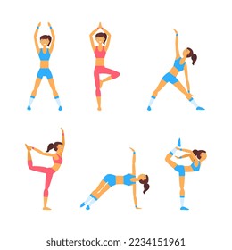 Young Female Doing Yoga Training Body and Muscle as Physical Exercises Vector Set