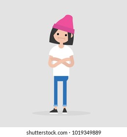 Young female doubting character standing with crossed arms and tilting head. Negative emotions. Concern. / flat editable vector illustration