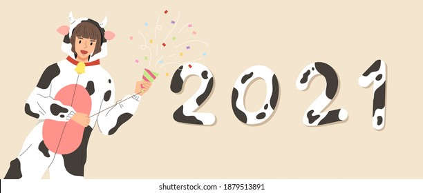Young female dress up a cow costume for New Year party to celebrate 2021 year. Cow Chinese New Year. Concept of countdown to New Year celebration. Flat vector illustration character.