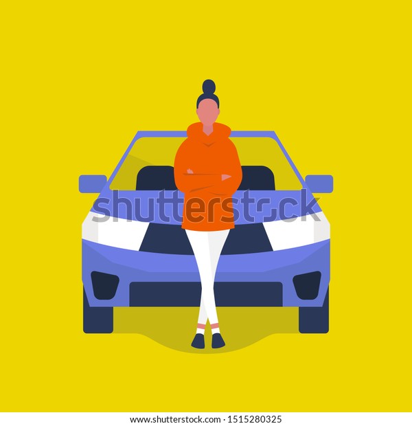 Young female driver standing in front of a SUV car.
Millennial lifestyle. Road trip. Flat editable vector illustration,
clip art