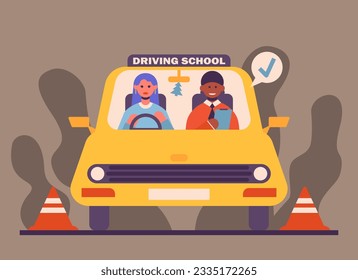Young female, driving car during private driving lessons. Passing driving test concept. Practice at driving school, maneuvering between cones. Road signs and traffic lights exam. Flat vector